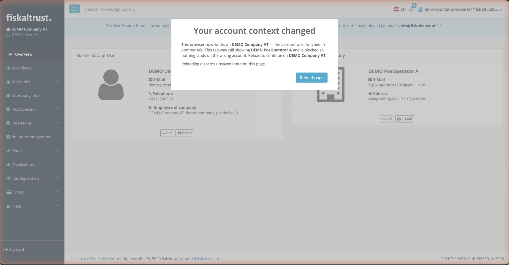 Warning dialog shown in an out-of-date tab after the account was switched in another tab