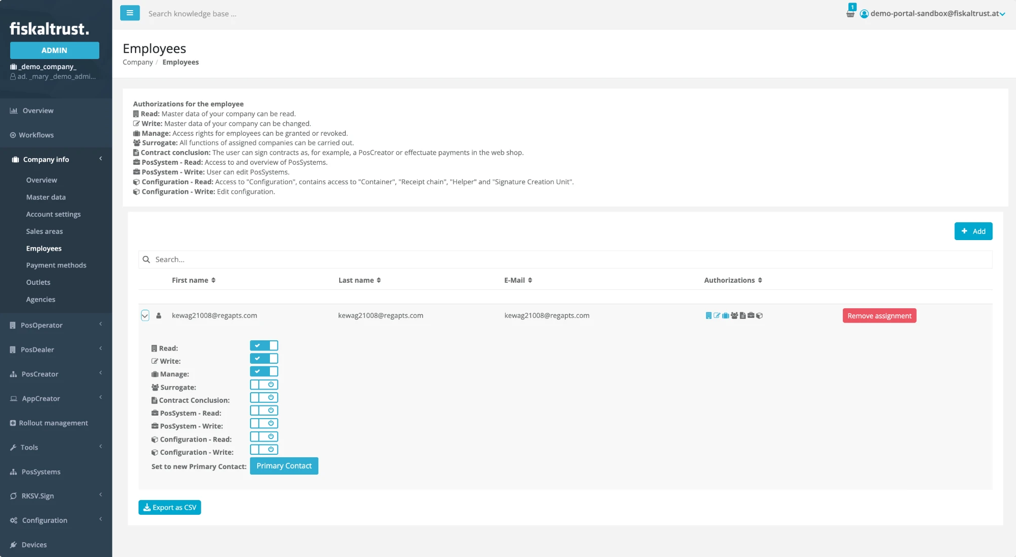 Employees page in the fiskaltrust.Portal with the Authorizations for the employee descriptions, the employee list with one row expanded to show its authorization switches and the Primary Contact button, the Remove assignment button, and the Export as CSV button