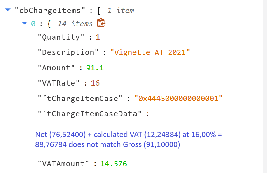 cbChargeItems JSON with Amount 91.1 and VATRate 16, annotated that net plus calculated VAT does not match the gross amount