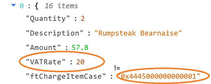 Charge item JSON with VATRate 20 and ftChargeItemCase 0x4445000000000001 circled as not matching