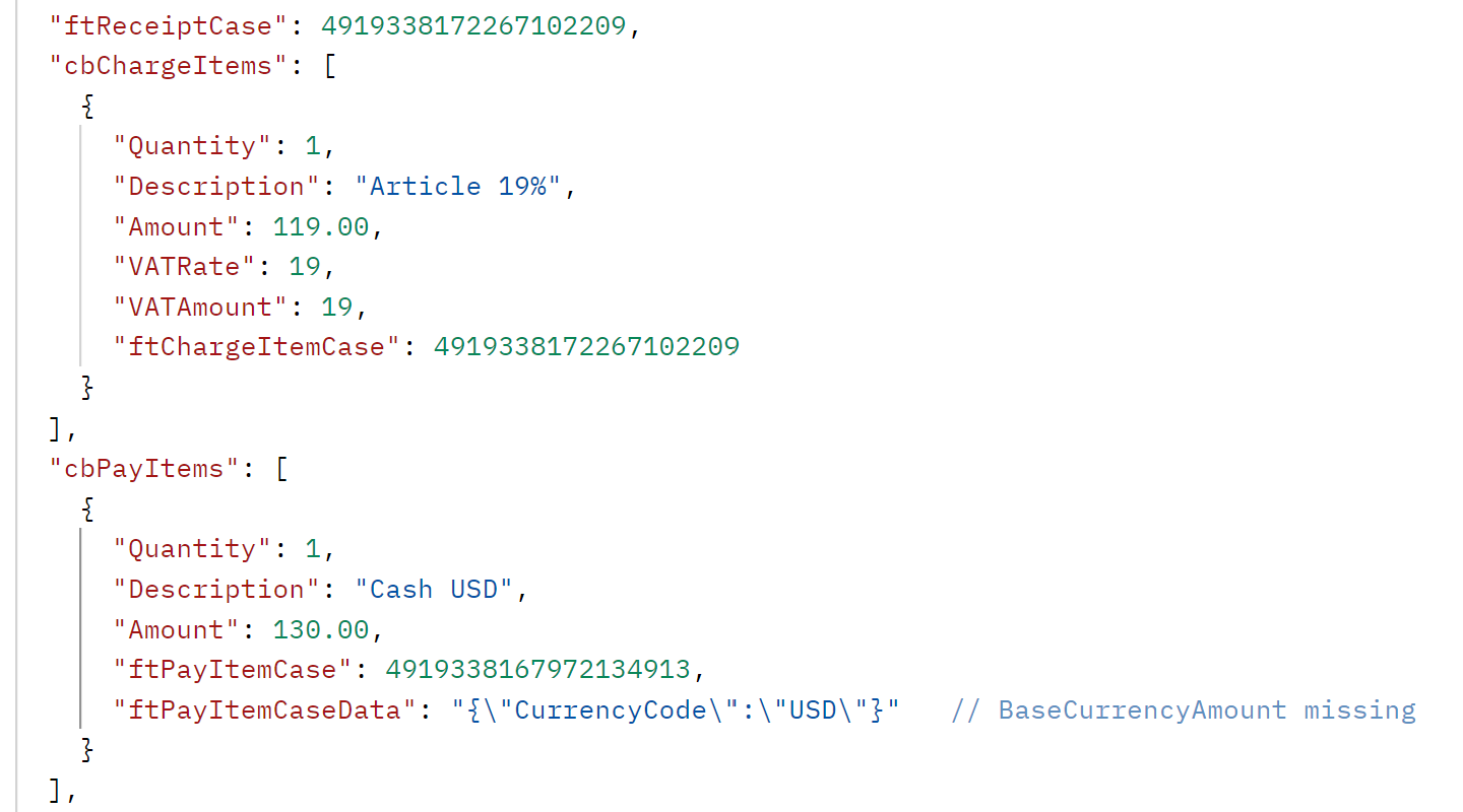 Receipt JSON with a 119.00 charge item and a 130.00 Cash USD pay item whose ftPayItemCaseData lacks BaseCurrencyAmount