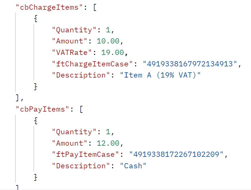 Receipt JSON with a 10.00 charge item and a 12.00 cash pay item, so payment and gross turnover differ