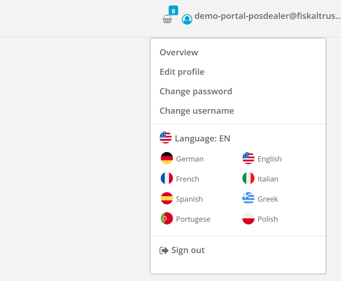 The user menu under your name, with the profile links, the language picker and Sign out.